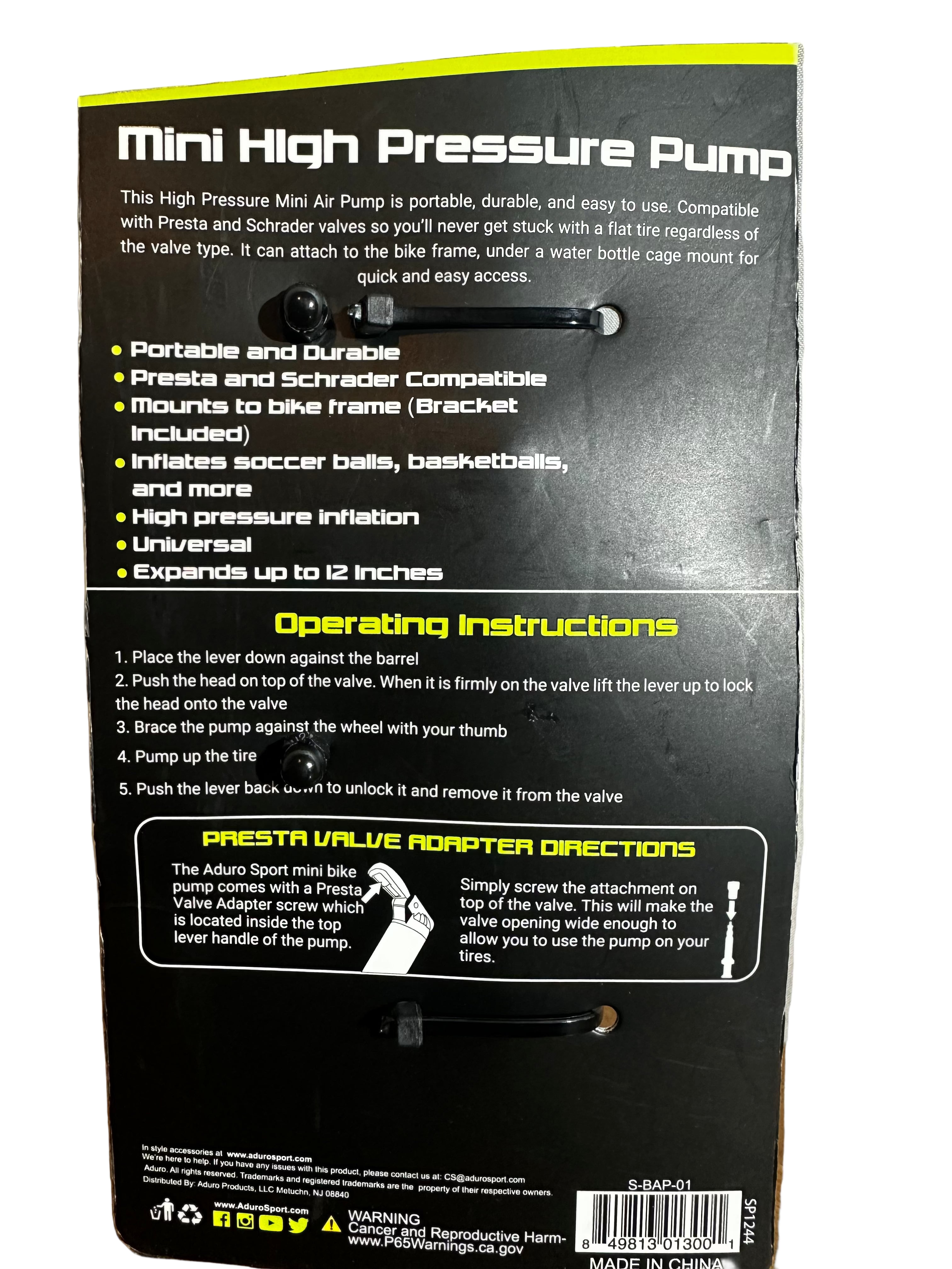 Aduro Sport Cycle Mini High-Pressure Bike Pump with Mount