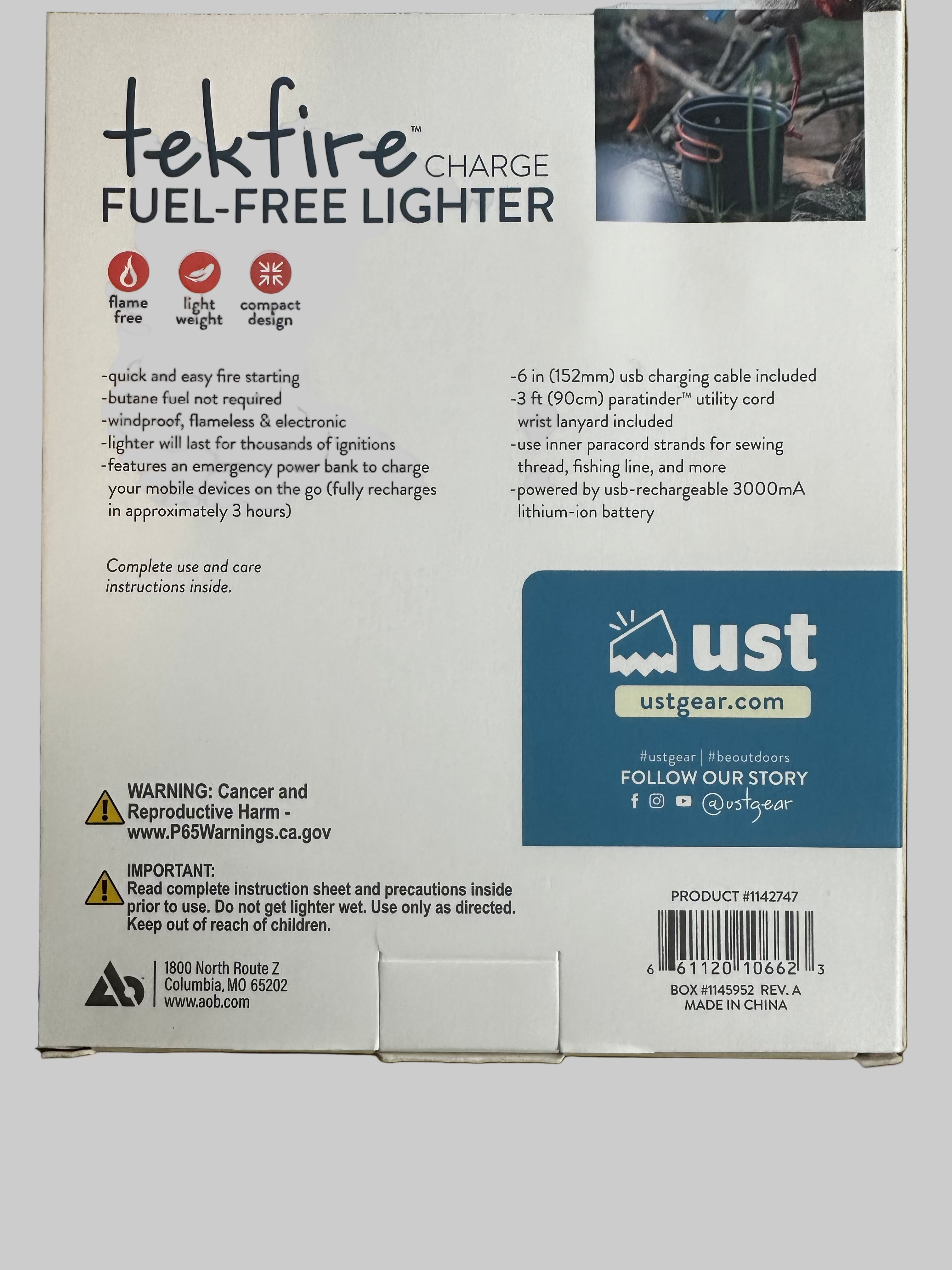 UST TekFire Charge Fuel-Free Lighter with Paracord – Rechargeable and Windproof