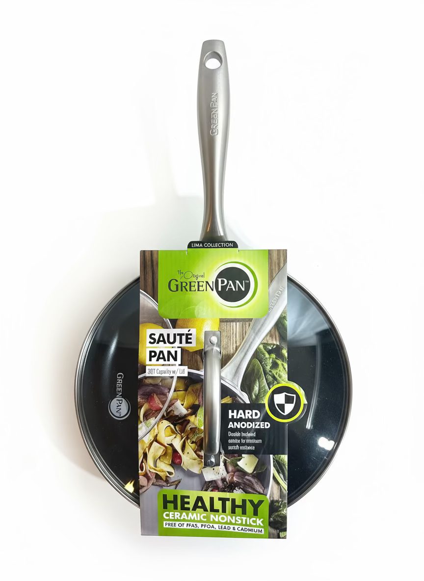GreenPan sauté pan with packaging on a wooden surface